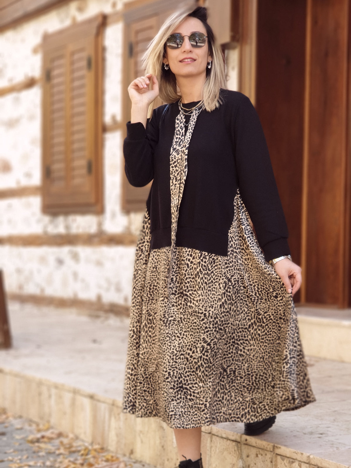 Cepli Midi Boy Leopar Elbise