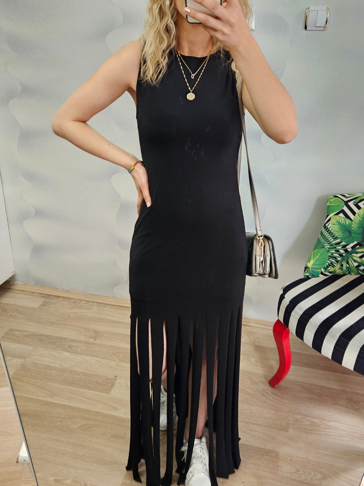 Saçaklı Likralı Basic Siyah Elbise