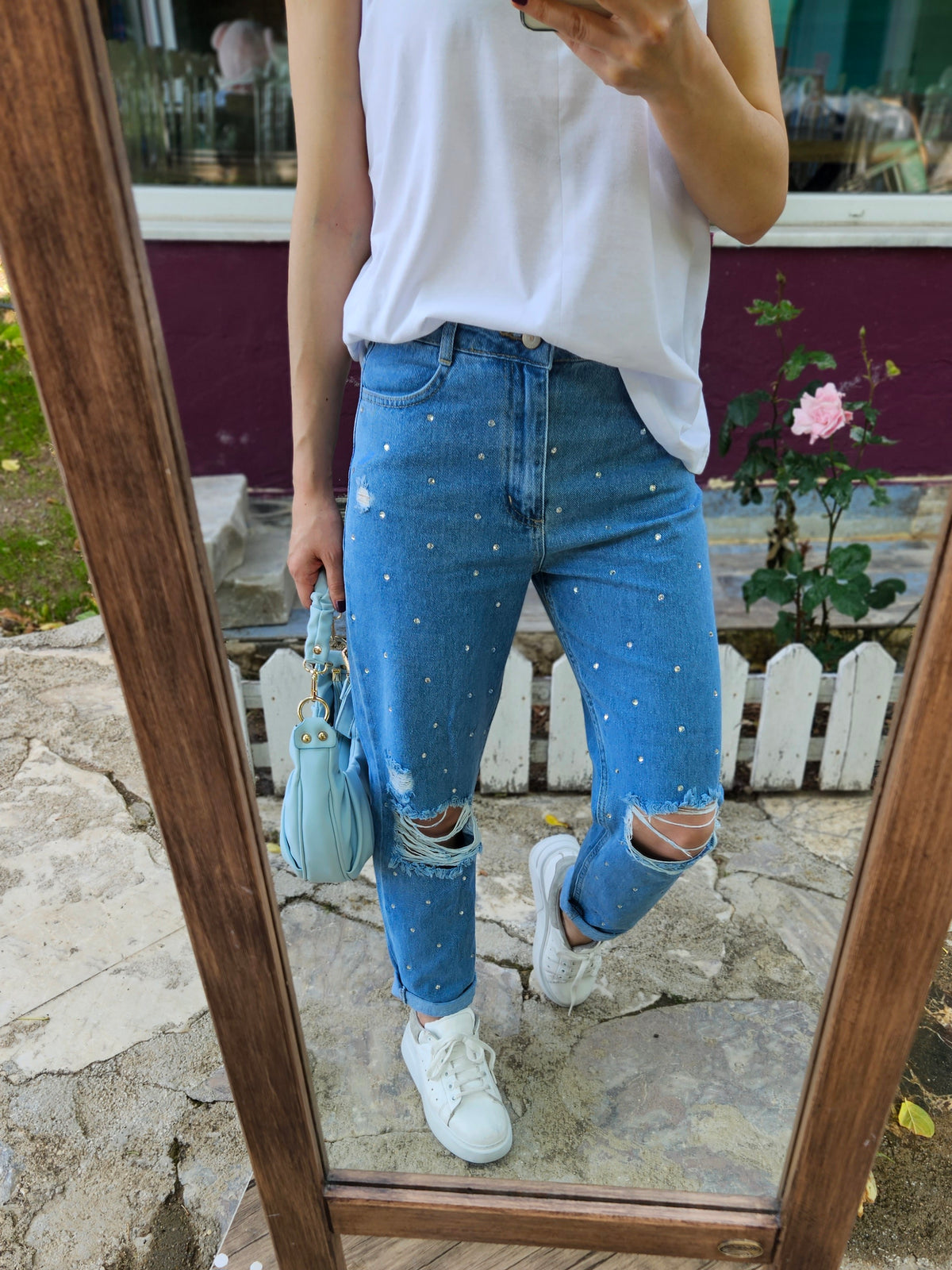 Taşlı Yüksek Bel Likrasiz Jean