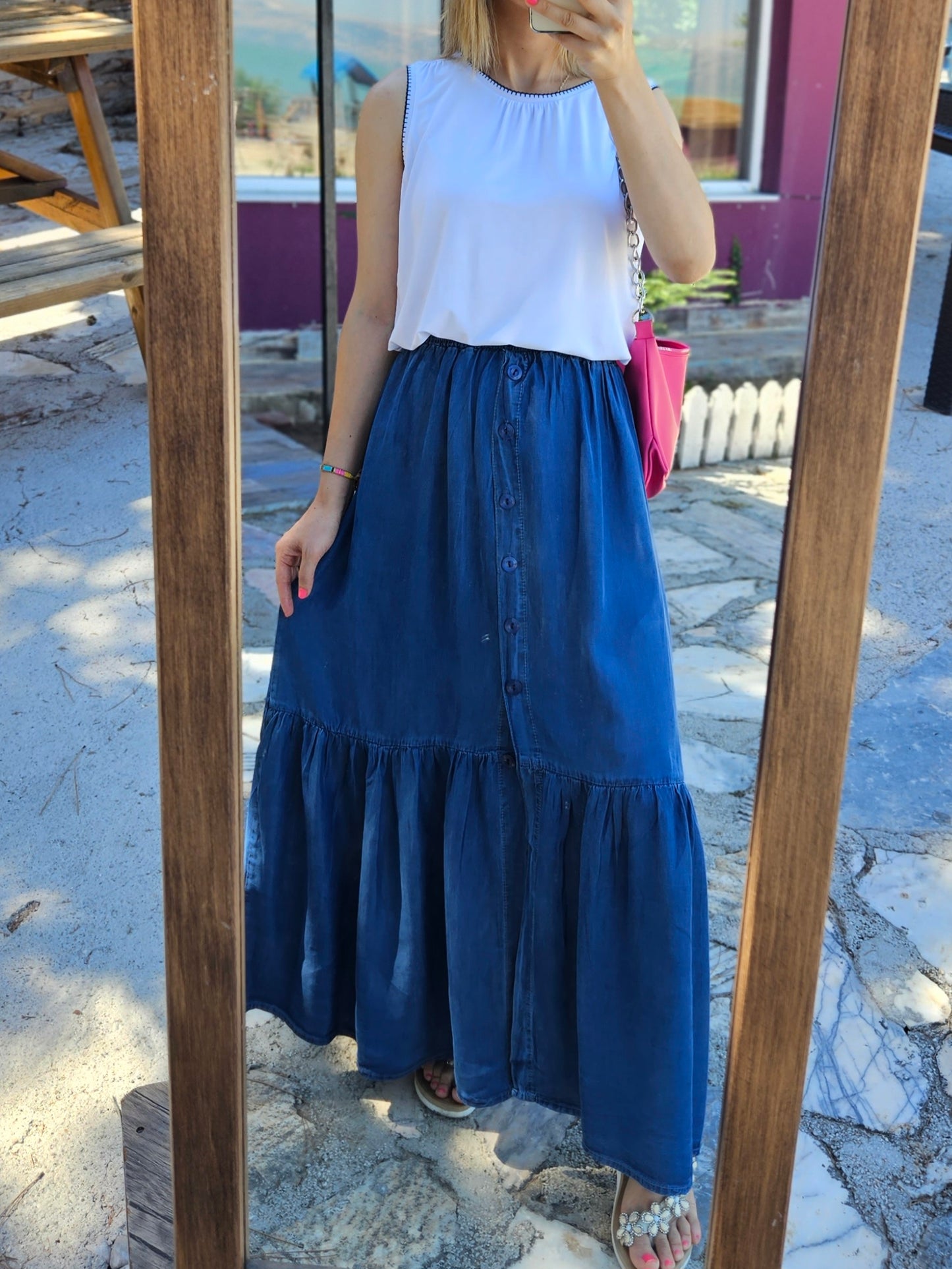 Önden Düğmeli Beli Lastikli Tensel Kumaş Etek