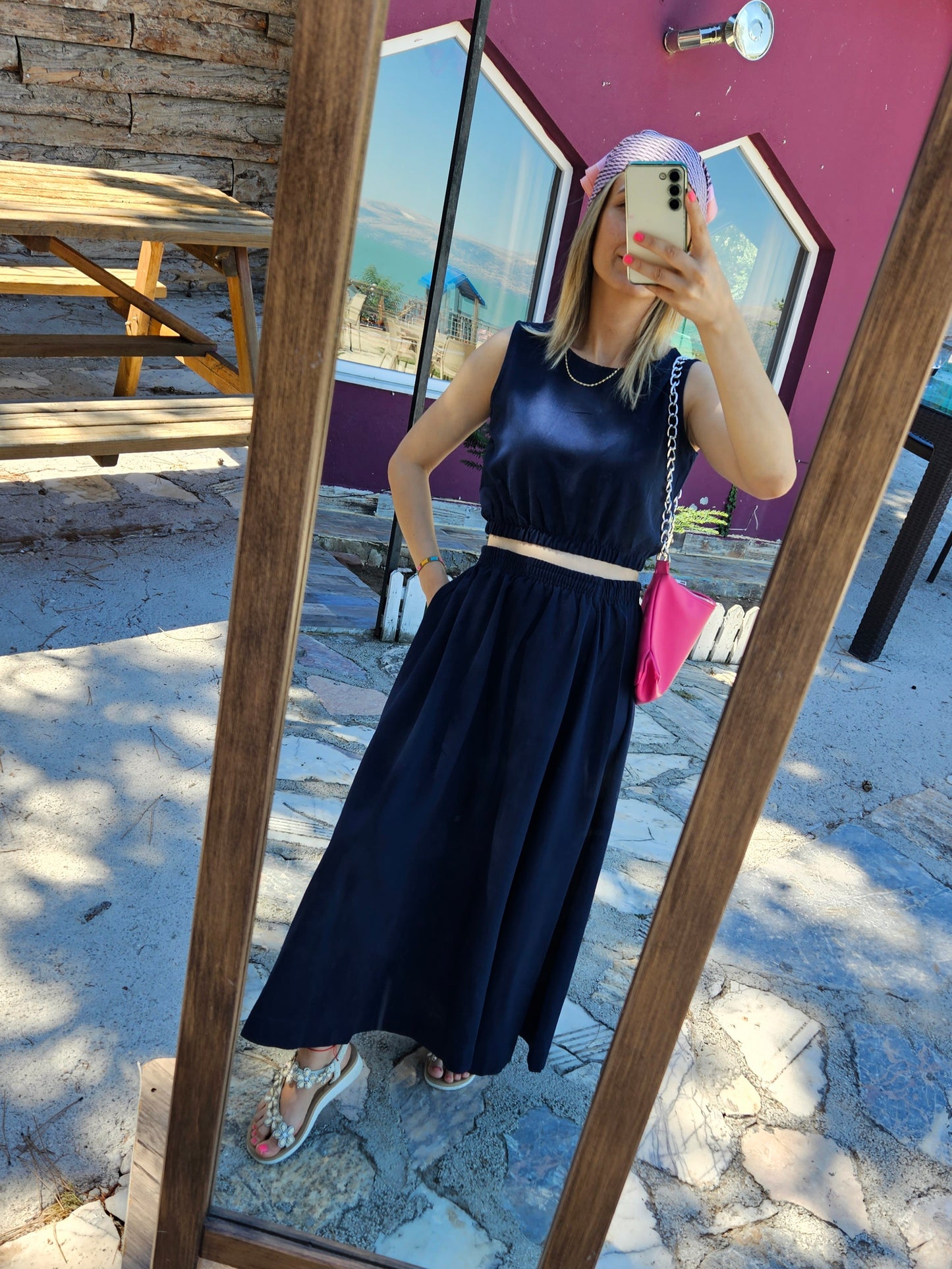 Keten Kumaş Crop Etek Lacivert Takım