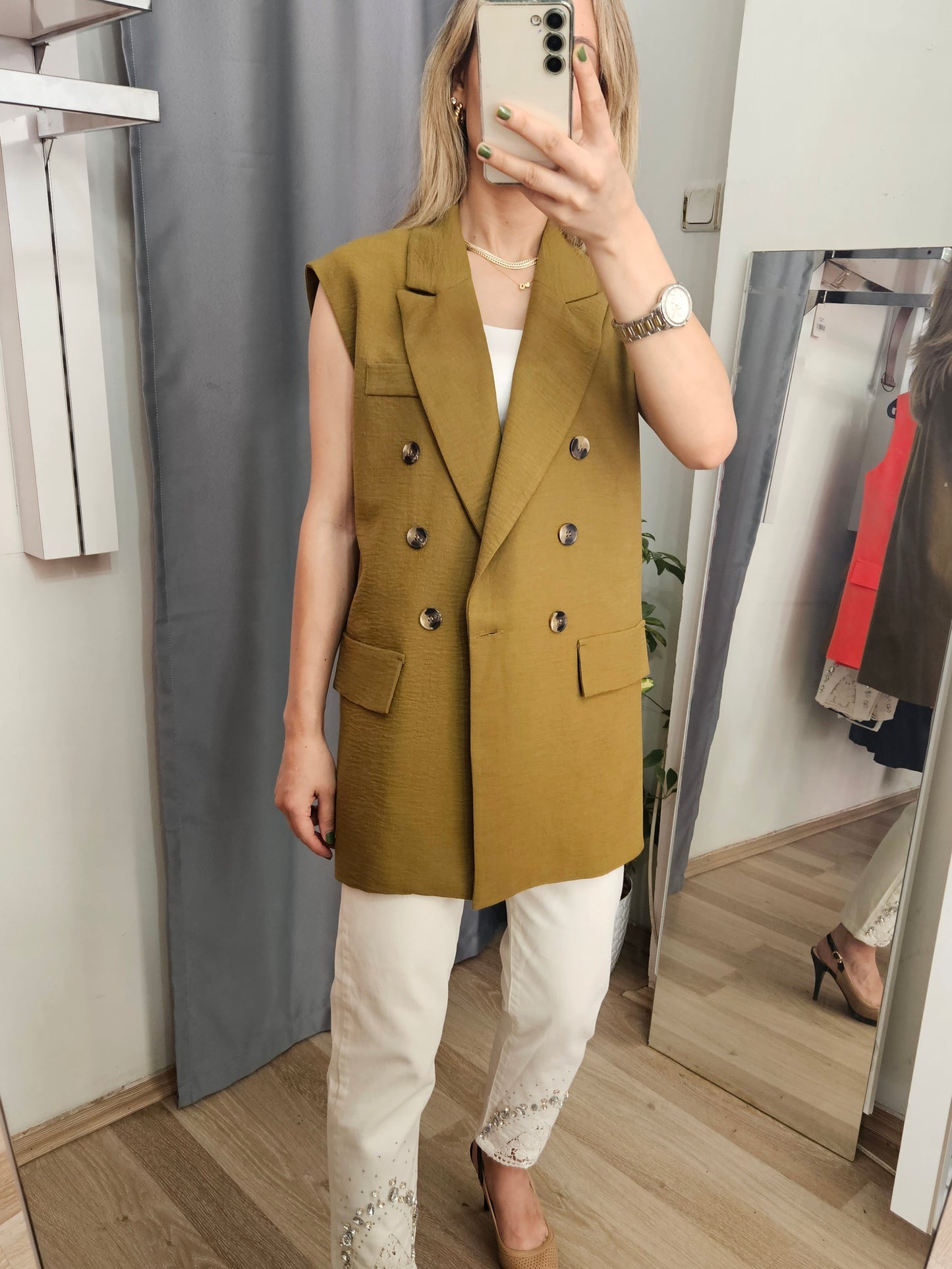 Keten Dokulu İçi Astarlı Yağ Yeşili Yelek