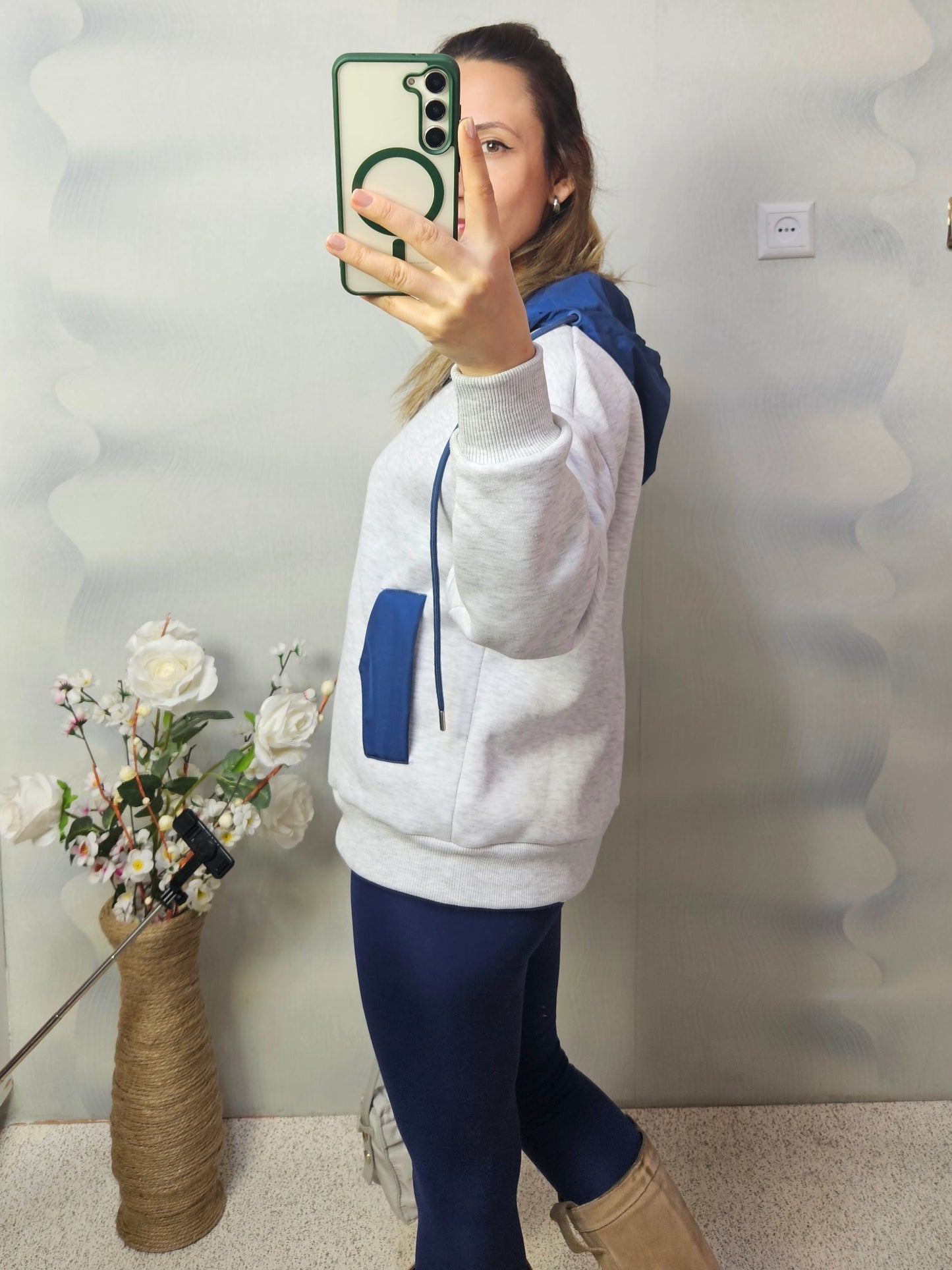 Orjinal Marka İçi Şardonlu Kapşonlu Gri Sweat