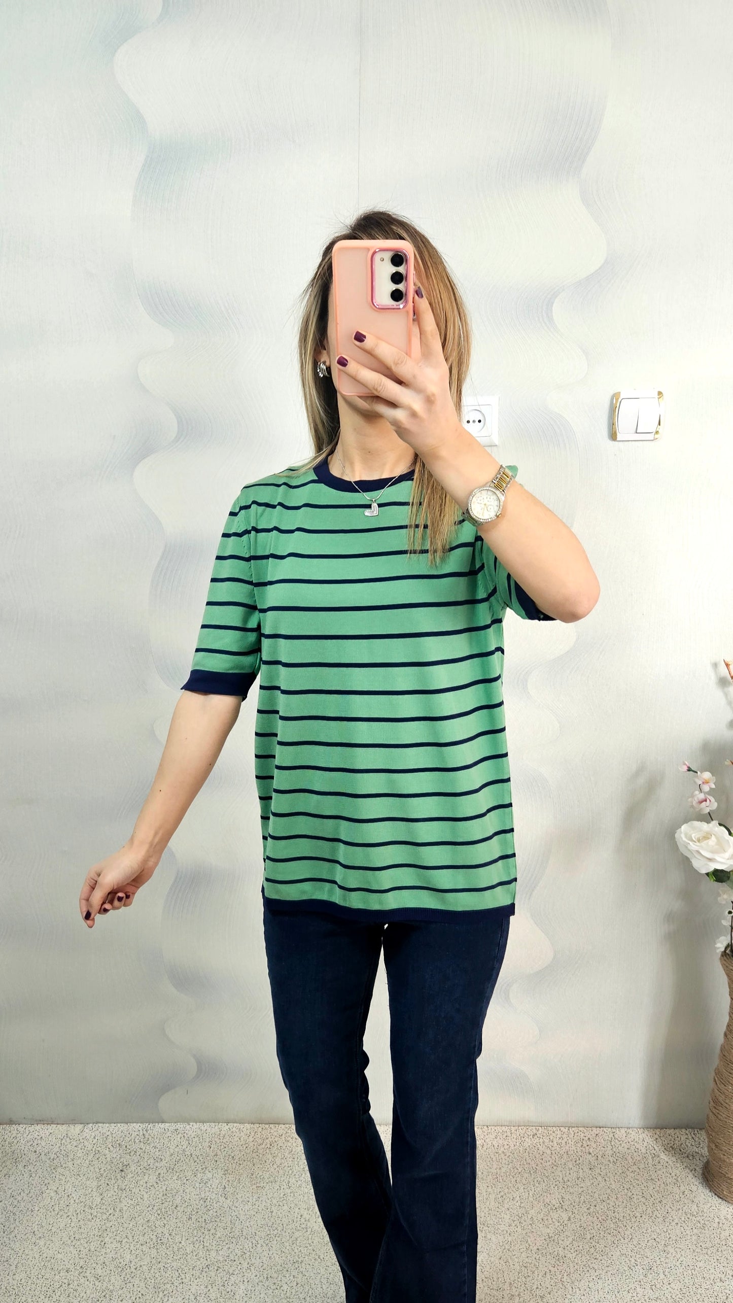 Lacivert Çizgili Yeşil Kısakol Triko