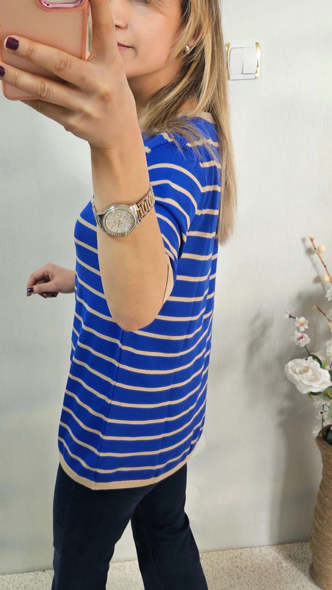 Bej Çizgili Mavi Kısakol Triko
