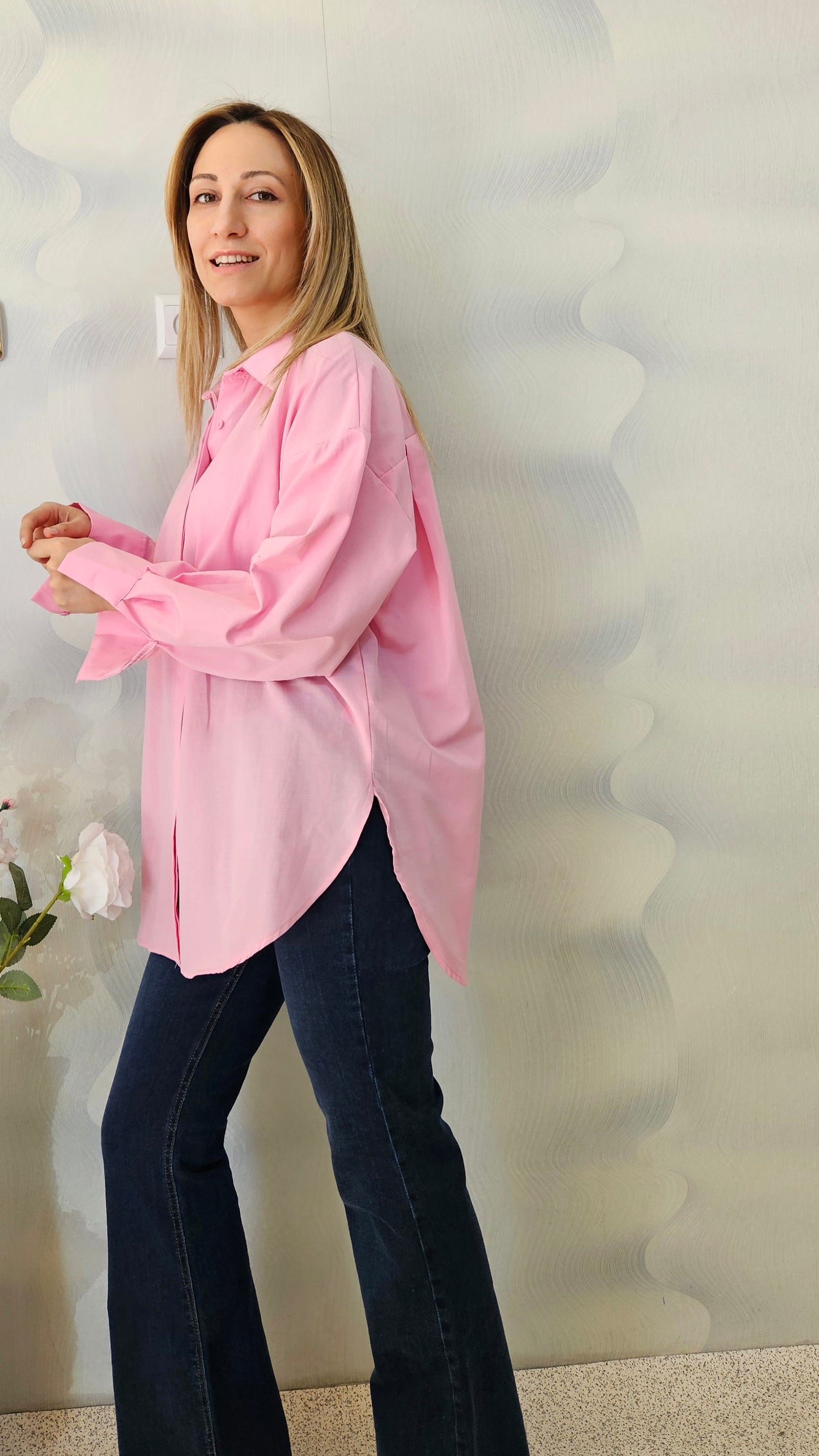 Pamuk Kumaş Önden Gizli Düğmeli Pembe Gömlek