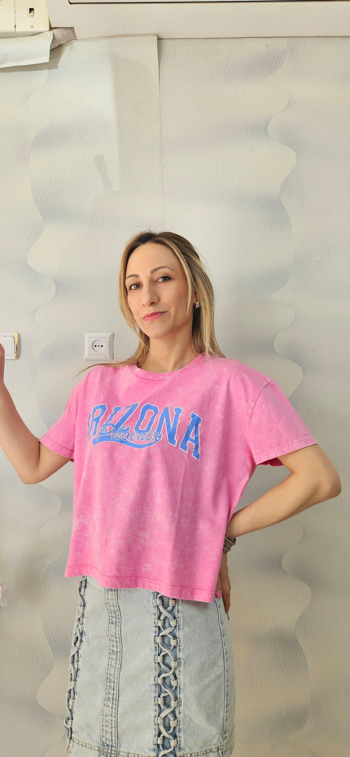 Yıkama Kumaş Önü Baskılı Pamuklu Kumaş Pembe Tshirt