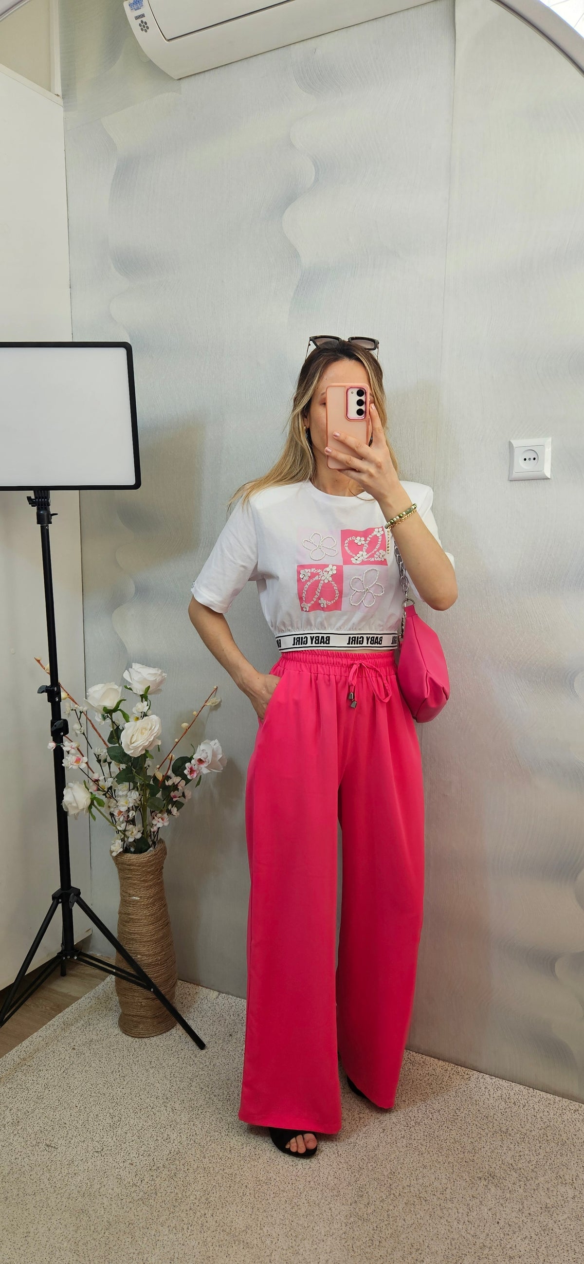 Beli Lastikli Krep Kumaş Pembe Pantolon