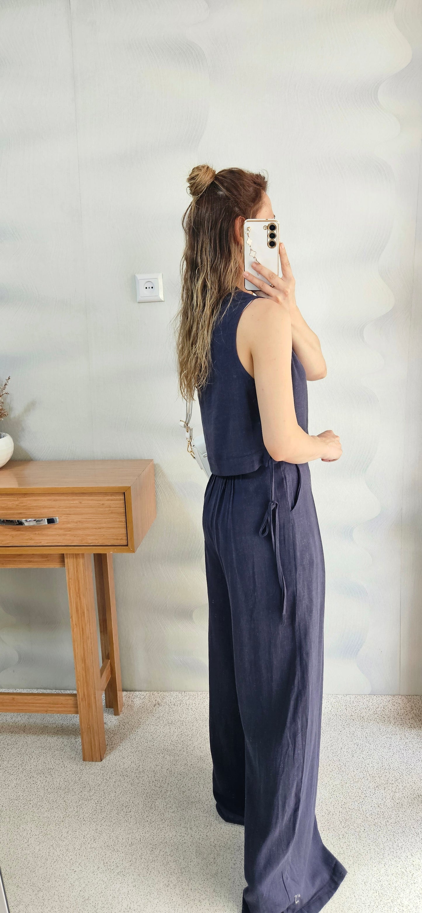 Yanlardan Bağcıklı Lacivert Keten Bluz