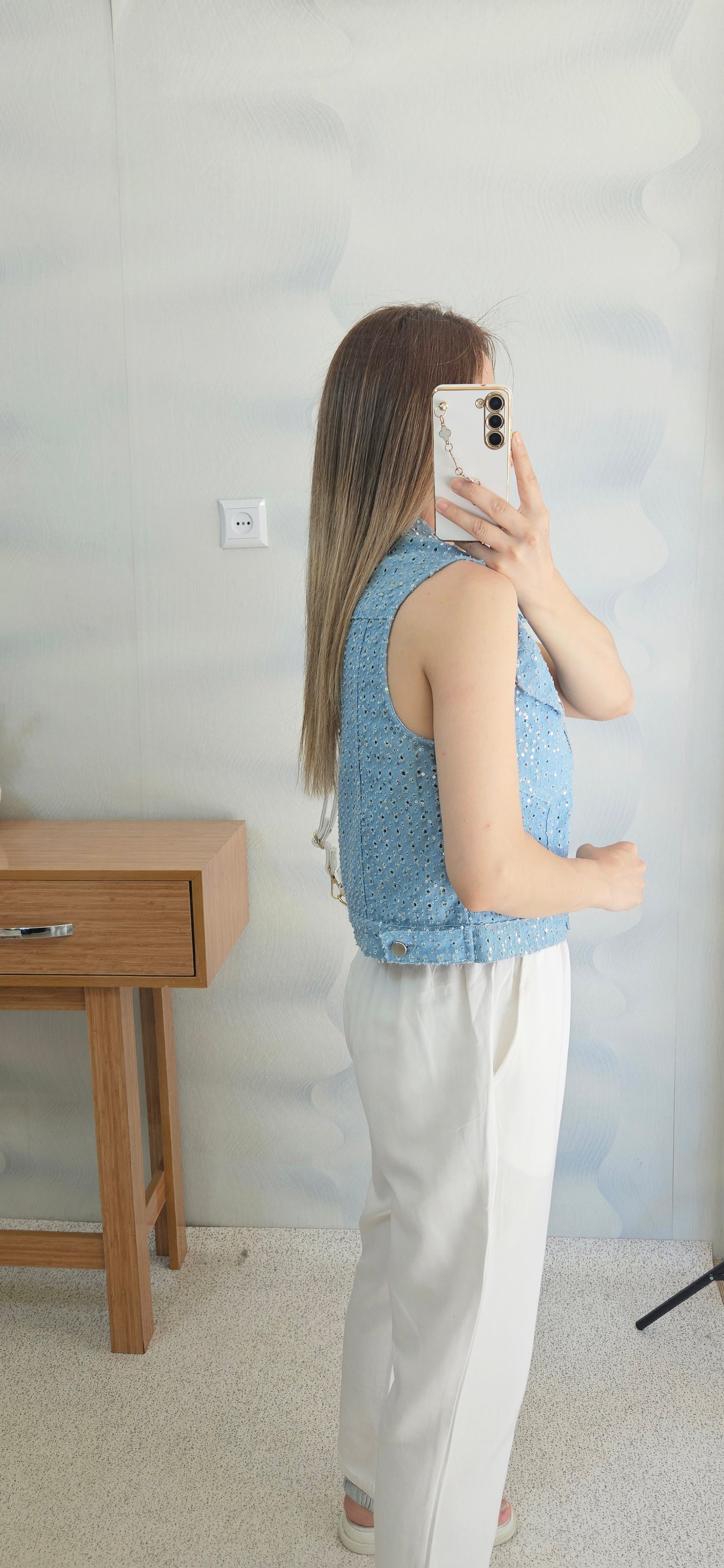 Yakalı Önden Gümüş Düğmeli Pamuk Kumaş Yelek