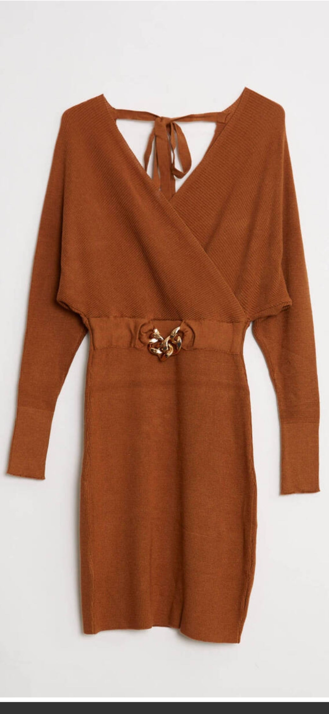 Aksesuar Detaylı V yaka Triko Elbise