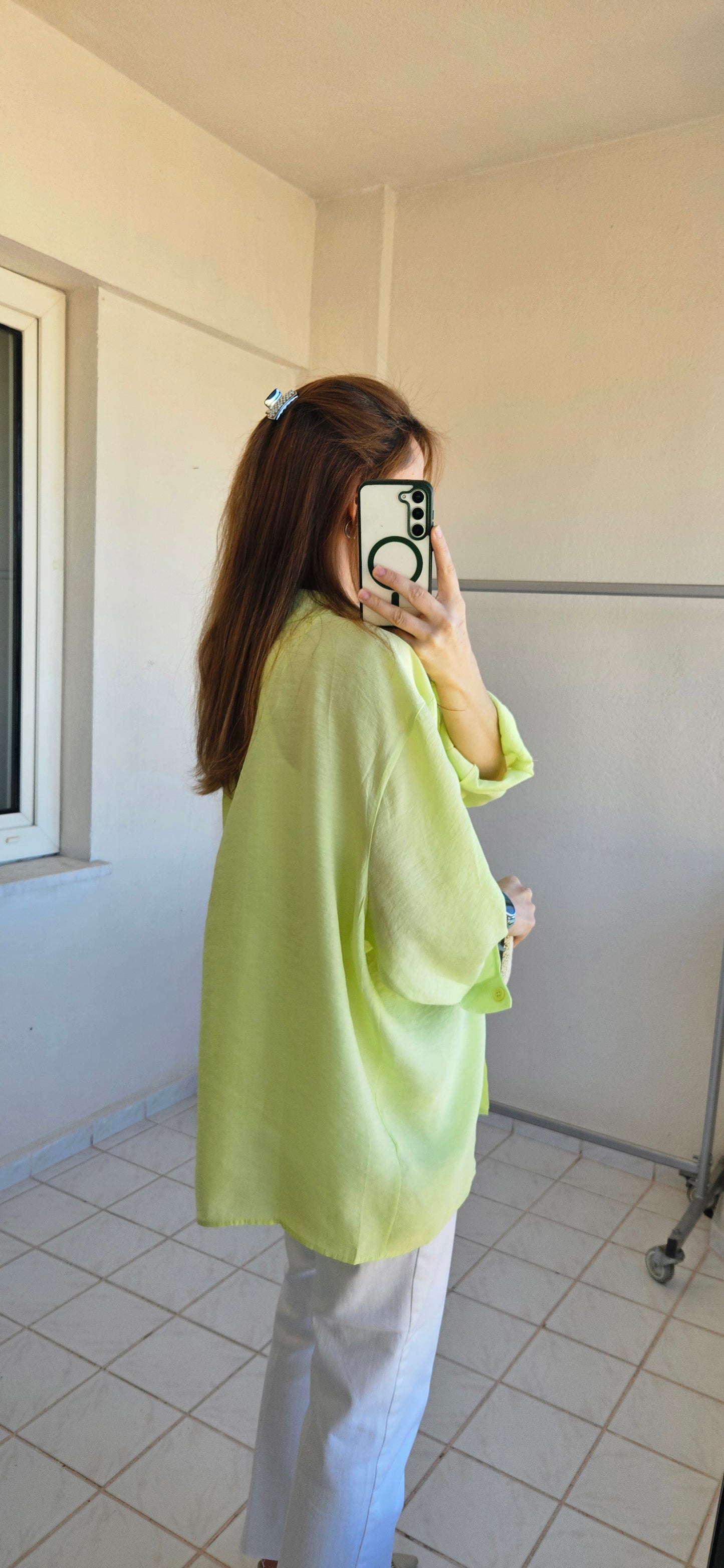 Tensel Dokulu Oversize Lime Yeşil Gömlek