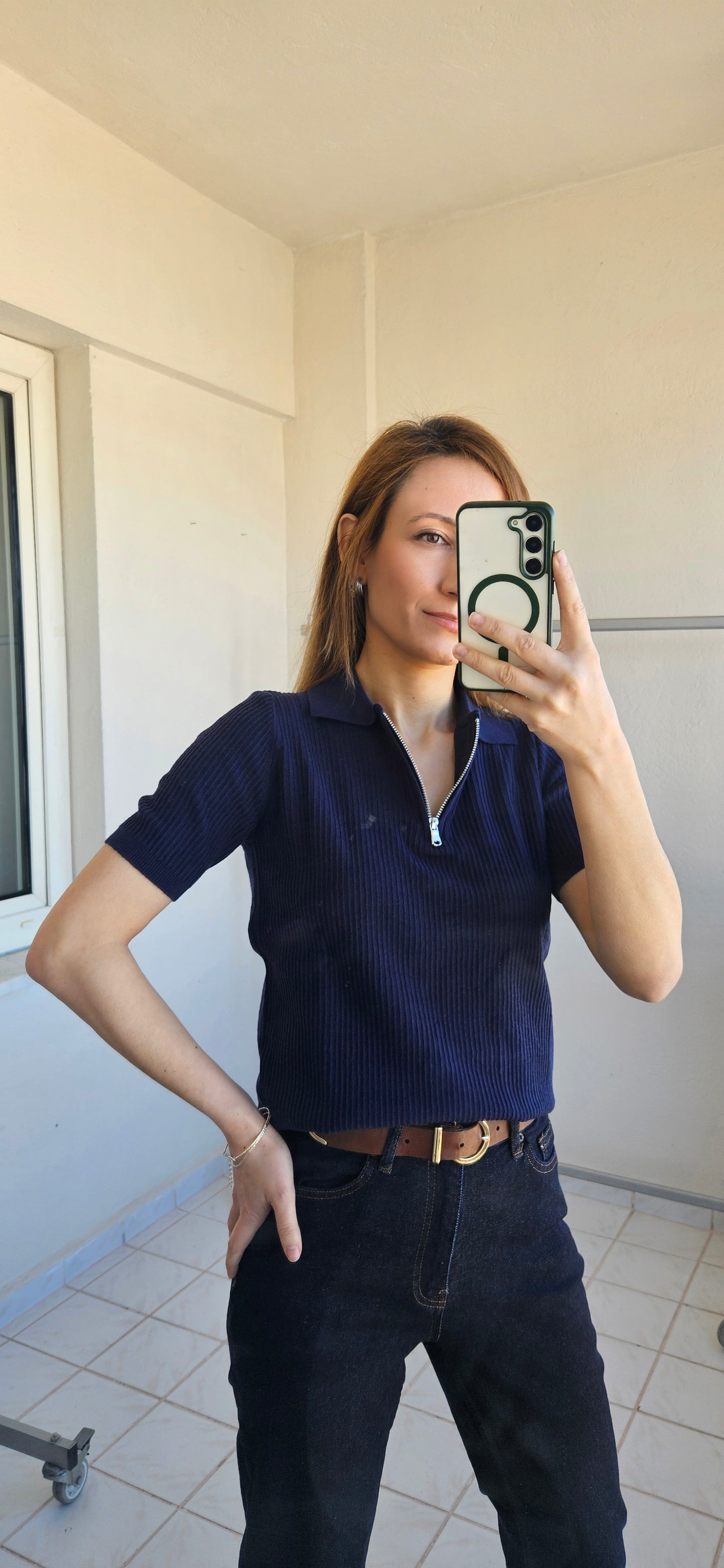 Polo Yaka Fermuarlı Esnek Lacivert Triko