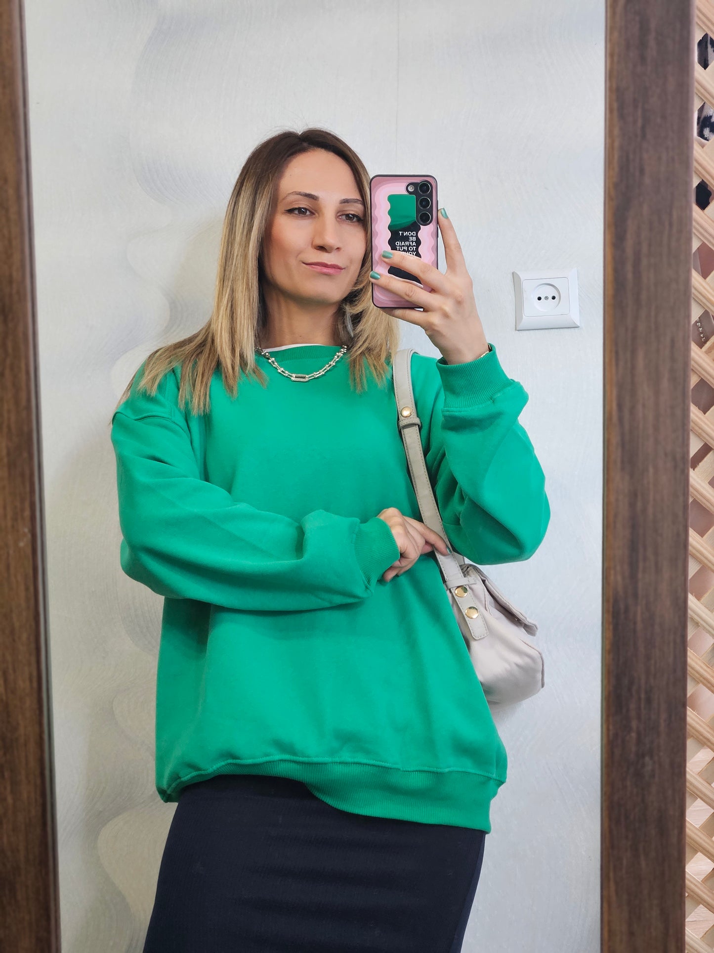 İçi Şardonlu Oversize Yeşil Sweat