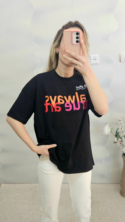 Yazılı Baskı Detaylı Siyah Pamuk T-shirt