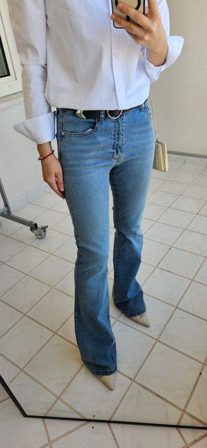 Buz Mavi Yüksek Bel İspanyol Paça Jean