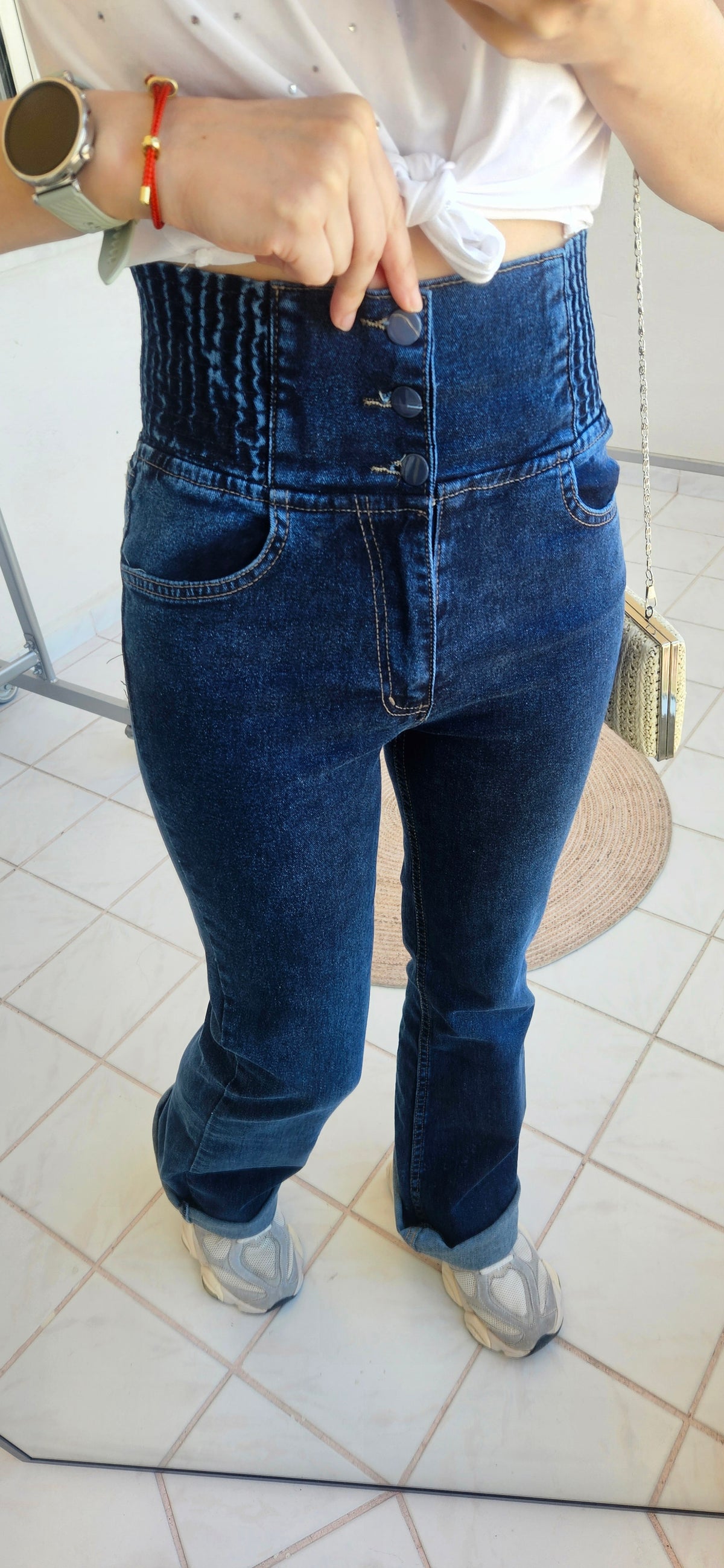 Beli Kalın Lastikli İspanyol Paça Lacivert Likralı Jean