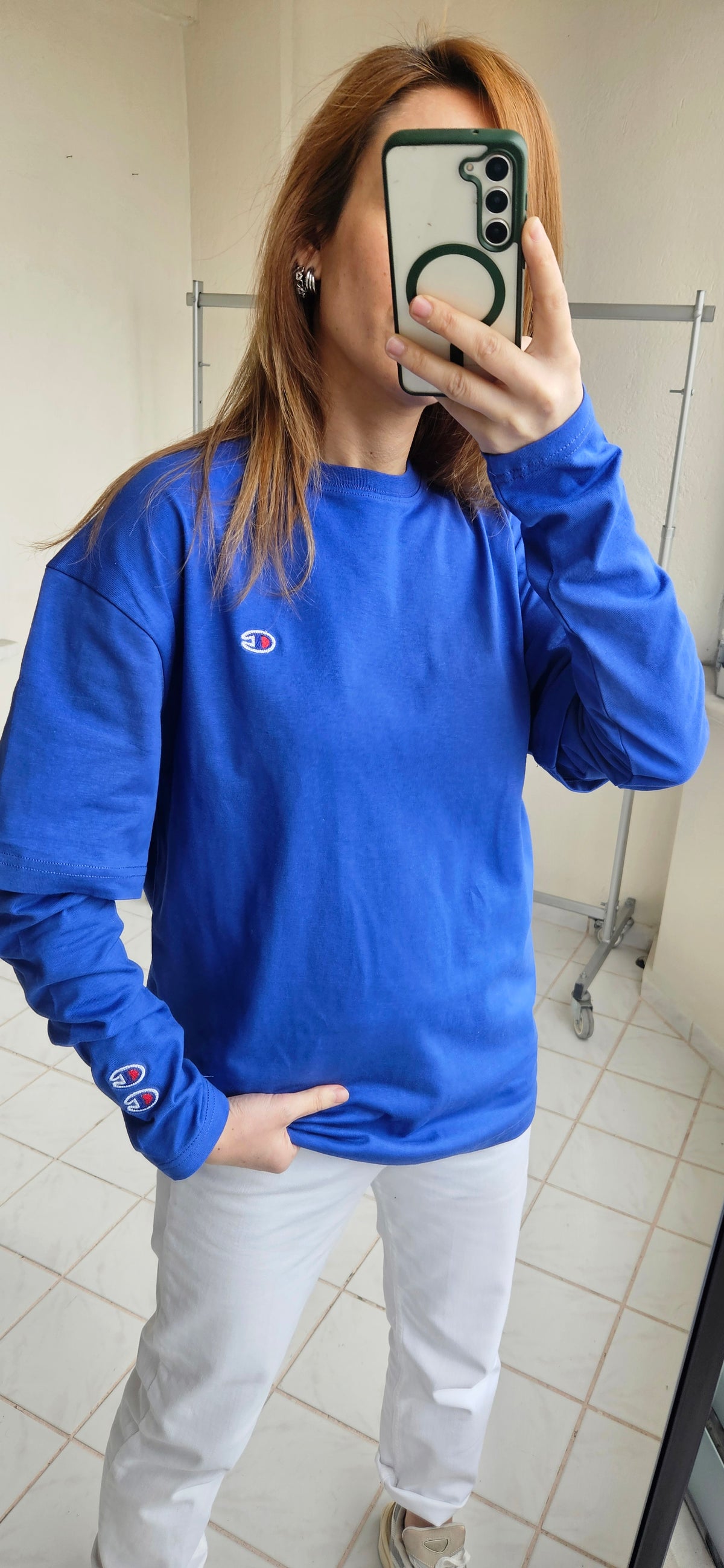 Nakışlı Uzun Kol Mavi Penye Sweat