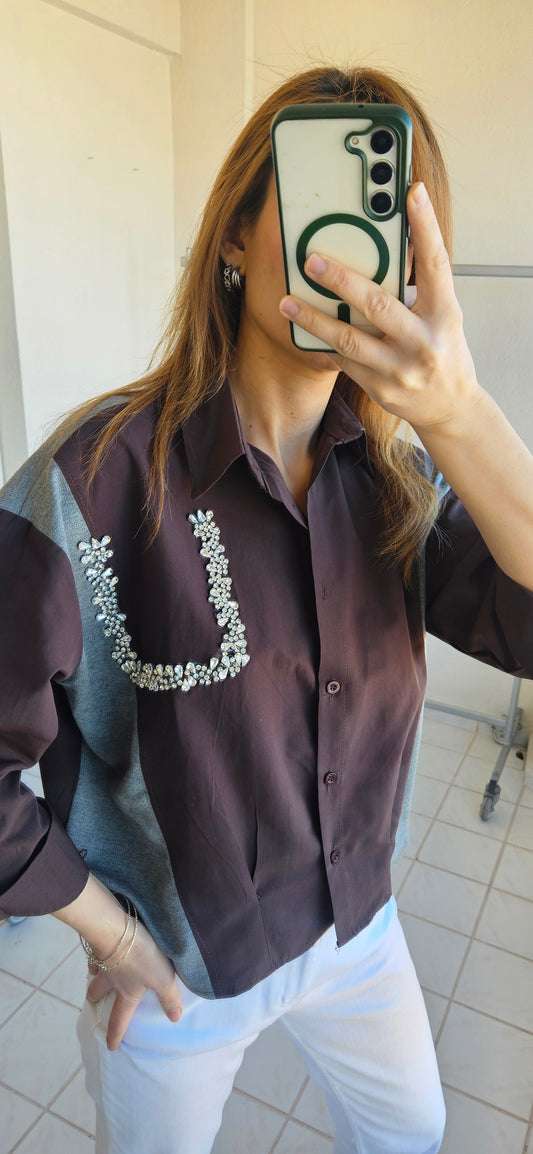 Orj. Marka Muadili Taşlı Poplin Acı Kahve Gömlek