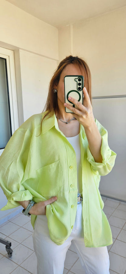 Tensel Dokulu Oversize Lime Yeşil Gömlek
