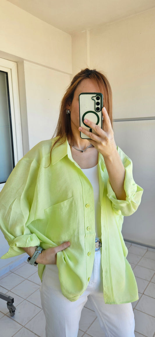 Tensel Dokulu Oversize Lime Yeşil Gömlek