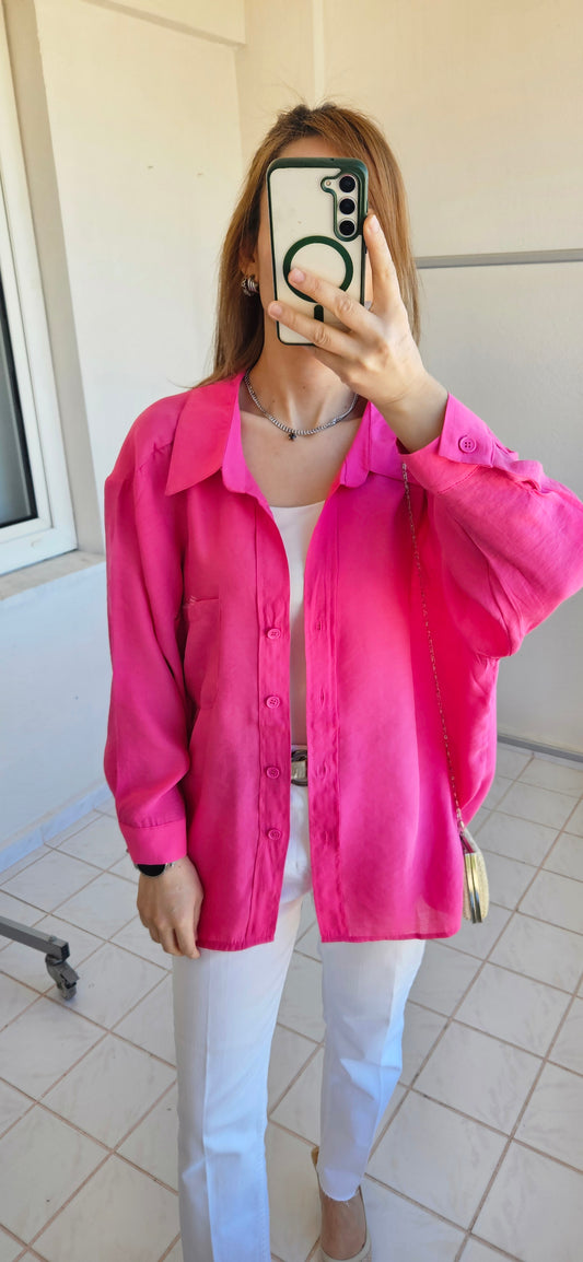 Tensel Dokulu Oversize Fuşya Gömlek
