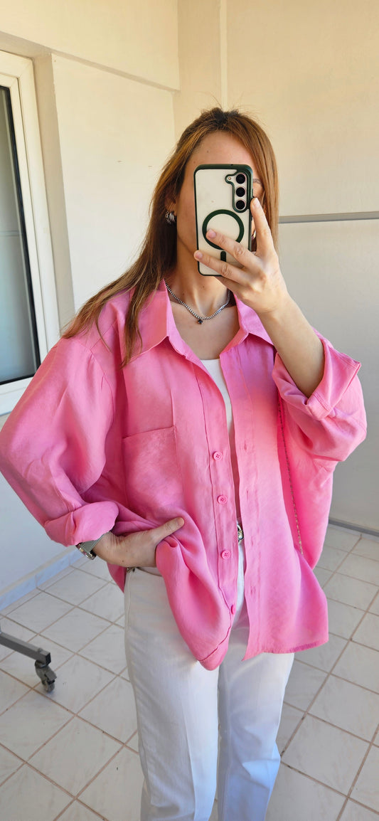 Tensel Dokulu Oversize Pembe Gömlek