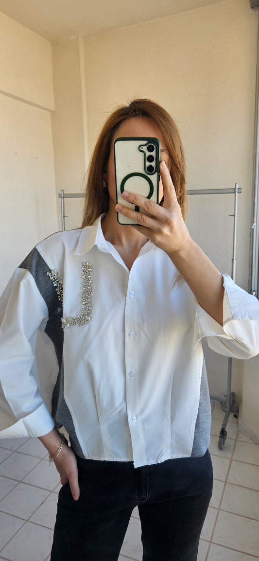 Orj. Marka Muadili Taşlı Poplin Beyaz Gömlek