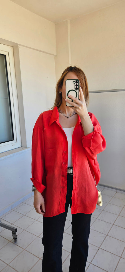 Tensel Dokulu Oversize Kırmızı Gömlek