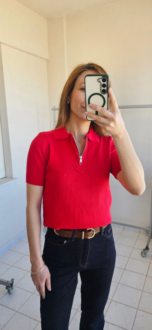 Polo Yaka Fermuarlı Esnek Kırmızı Triko