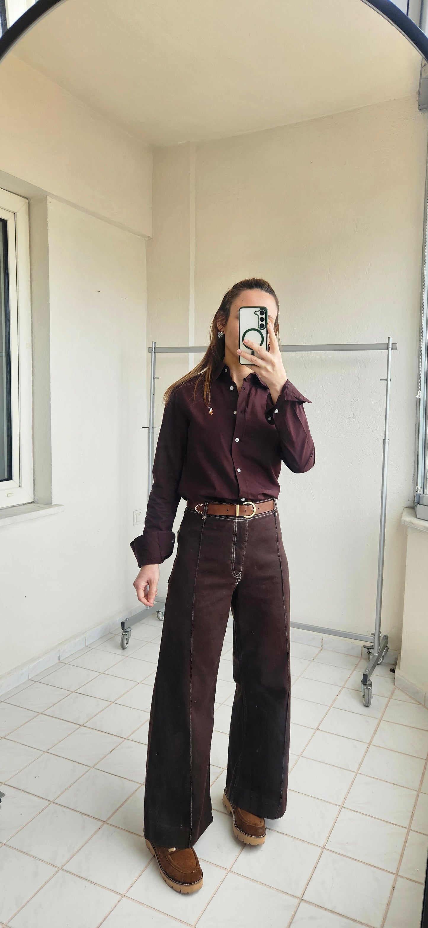 Nakışlı Slim Fit Acı Kahve Gömlek