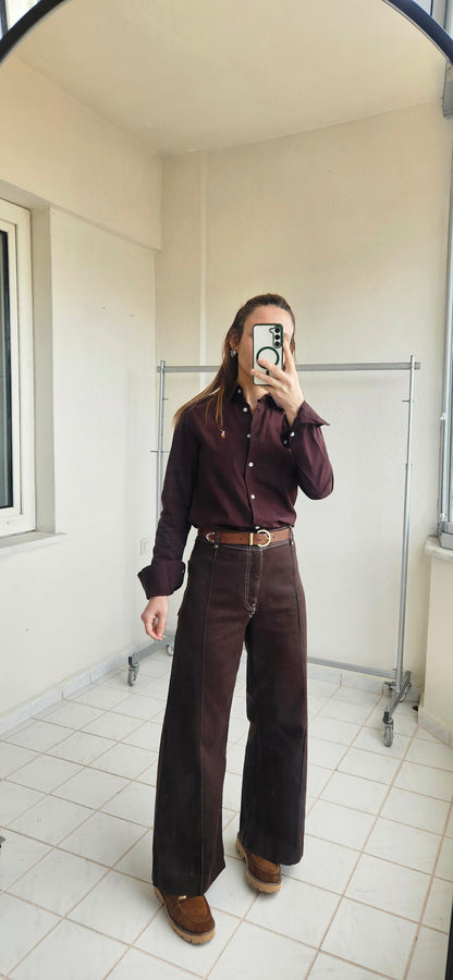 Nakışlı Slim Fit Acı Kahve Gömlek