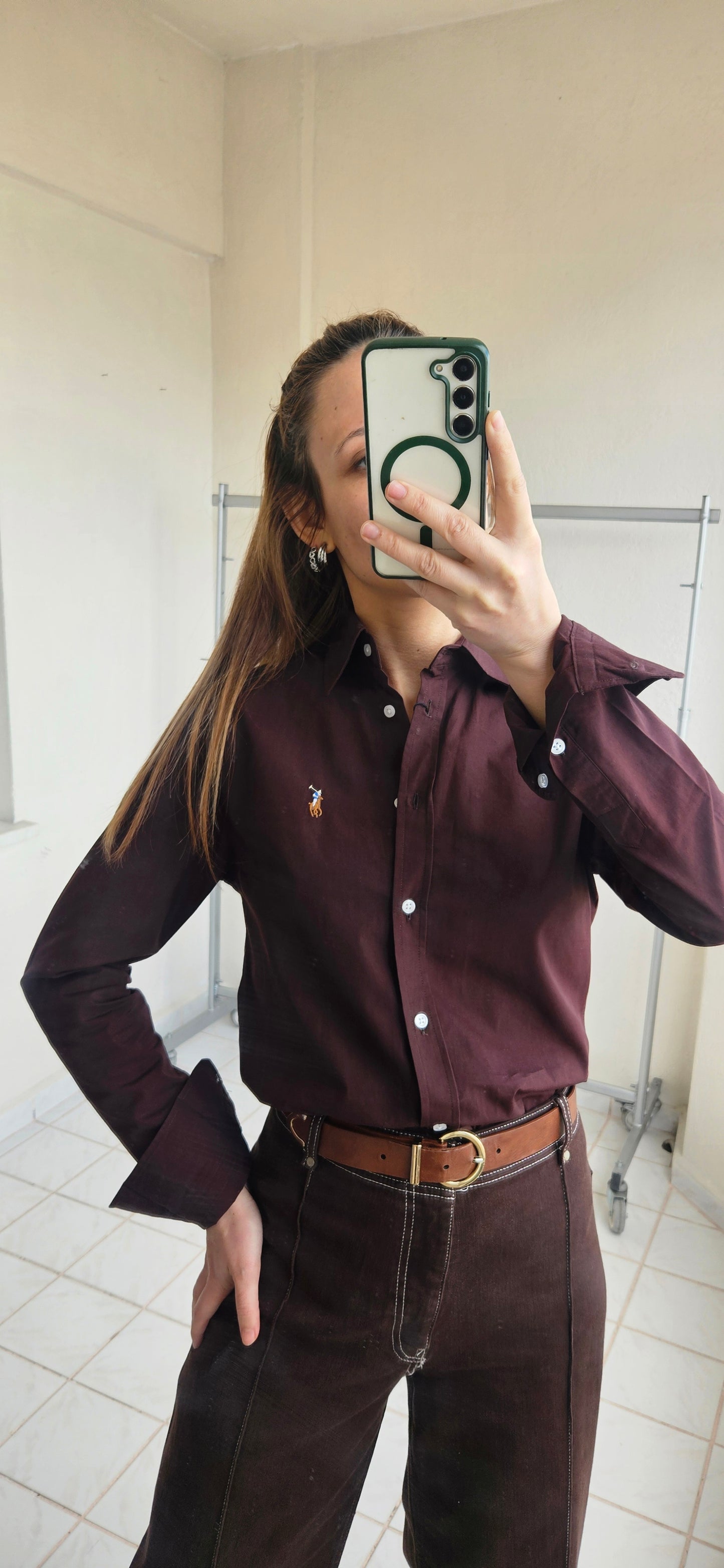 Nakışlı Slim Fit Acı Kahve Gömlek