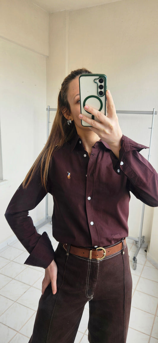 Nakışlı Slim Fit Acı Kahve Gömlek