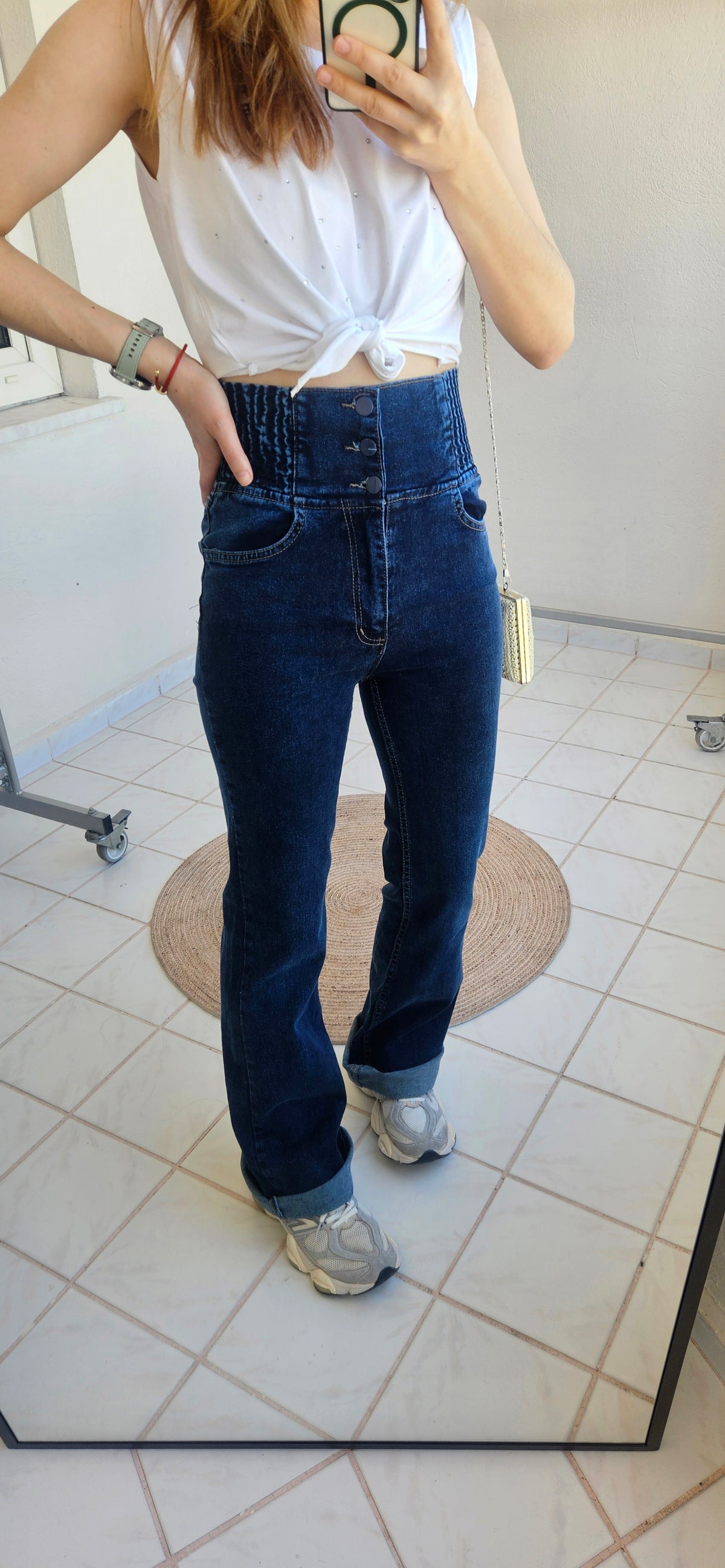 Beli Kalın Lastikli İspanyol Paça Lacivert Likralı Jean