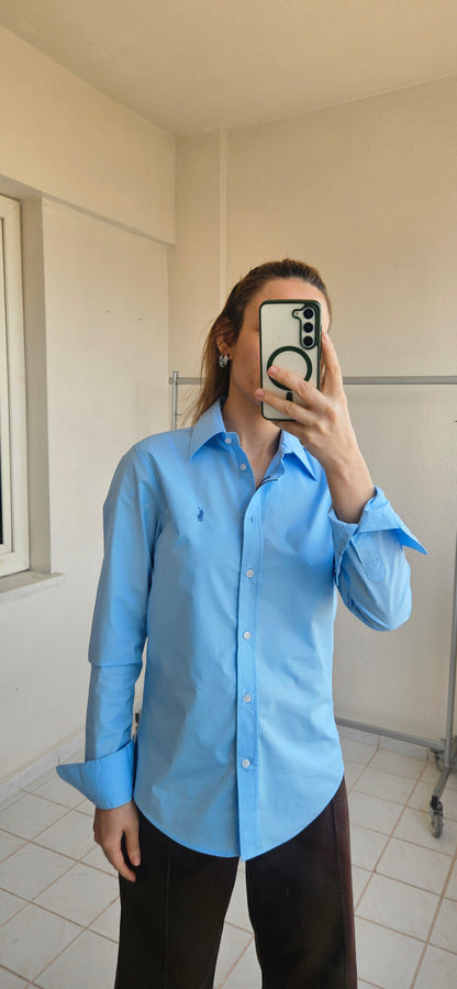 Nakışlı Slim Fit Mavi Gömlek
