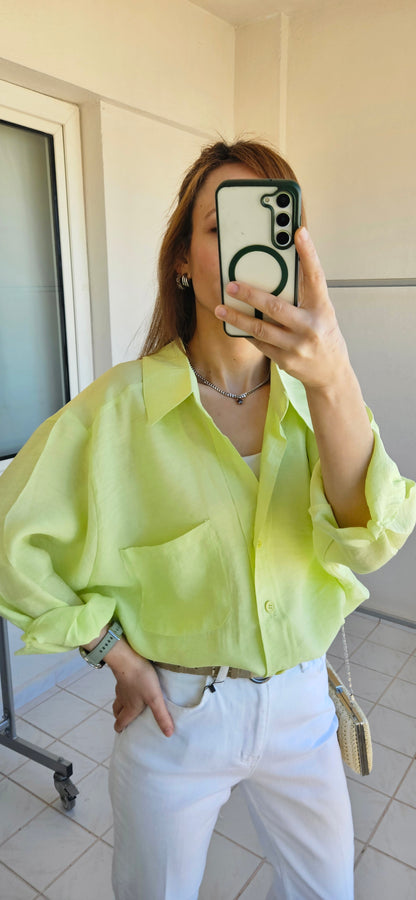Tensel Dokulu Oversize Lime Yeşil Gömlek