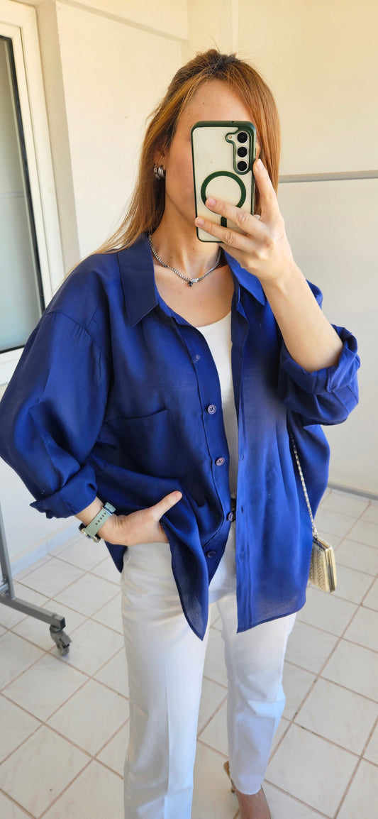Tensel Dokulu Oversize Lacivert Gömlek