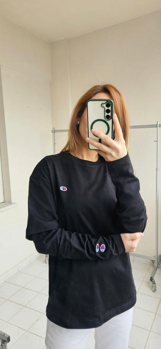 Nakışlı Uzun Kol Siyah Penye Sweat