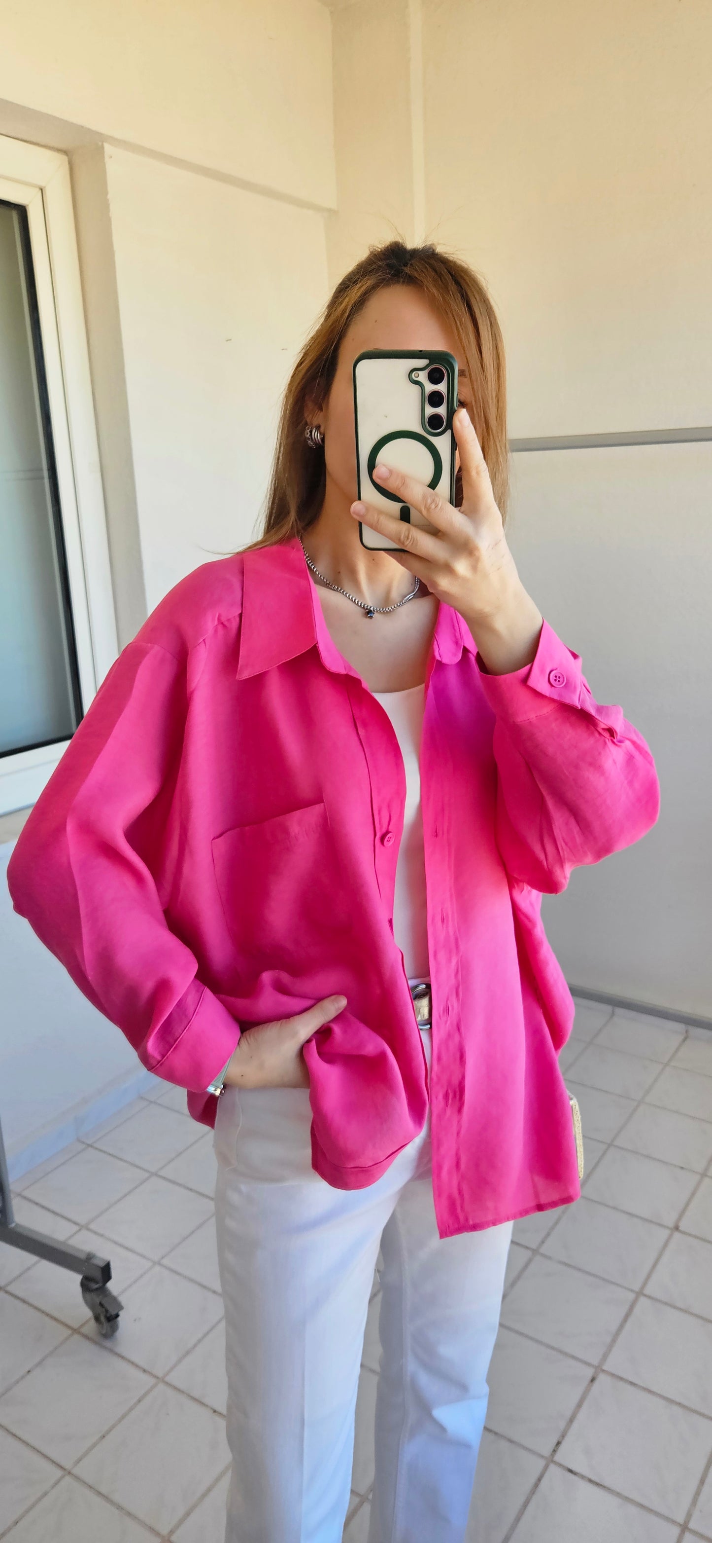 Tensel Dokulu Oversize Fuşya Gömlek