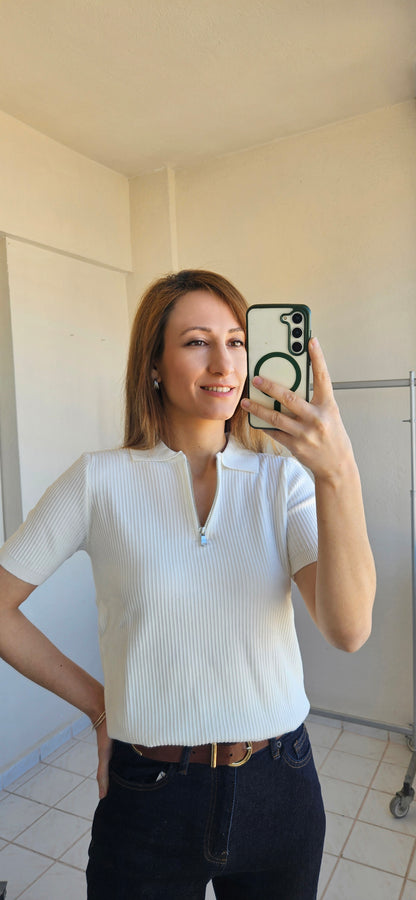 Polo Yaka Fermuarlı Esnek Ekru Triko