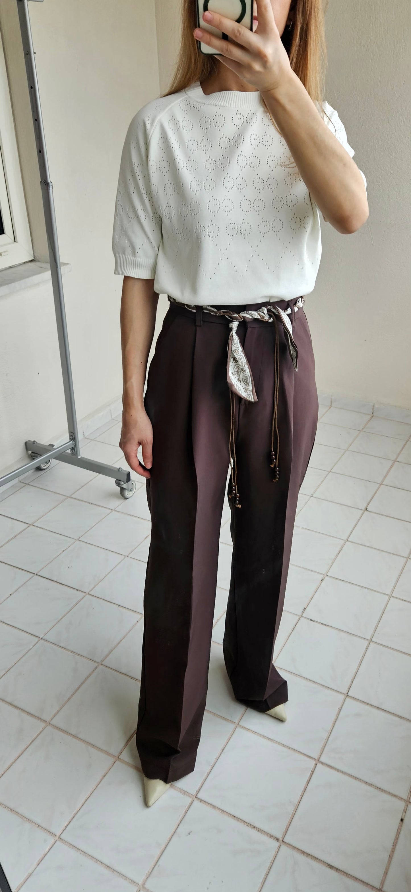 Kemerli Acı Kahve Kumaş Palazzo Pantolon