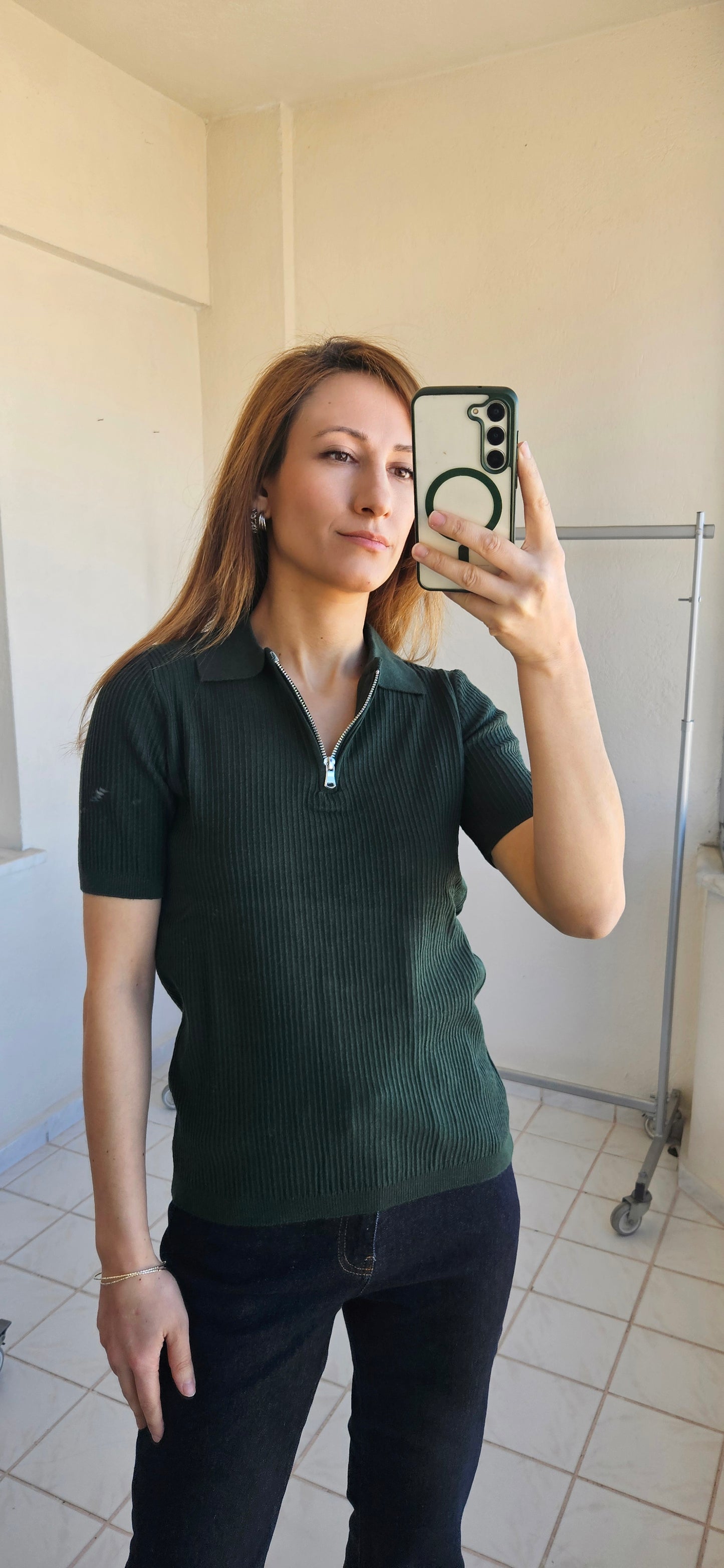 Polo Yaka Fermuarlı Esnek Yeşil Kısakol Triko