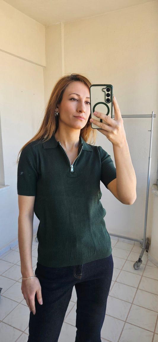Polo Yaka Fermuarlı Esnek Yeşil Kısakol Triko
