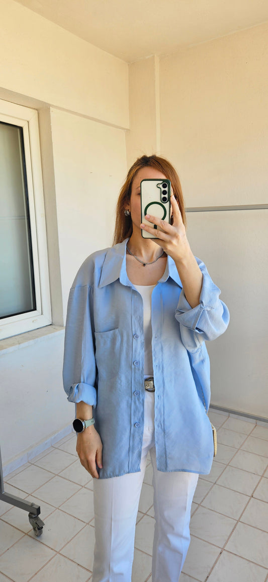 Tensel Dokulu Oversize Acık Mavi Gömlek
