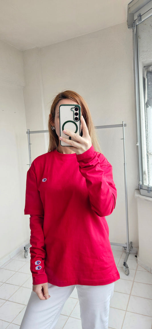 Nakışlı Uzun Kol Kırmızı Penye Sweat