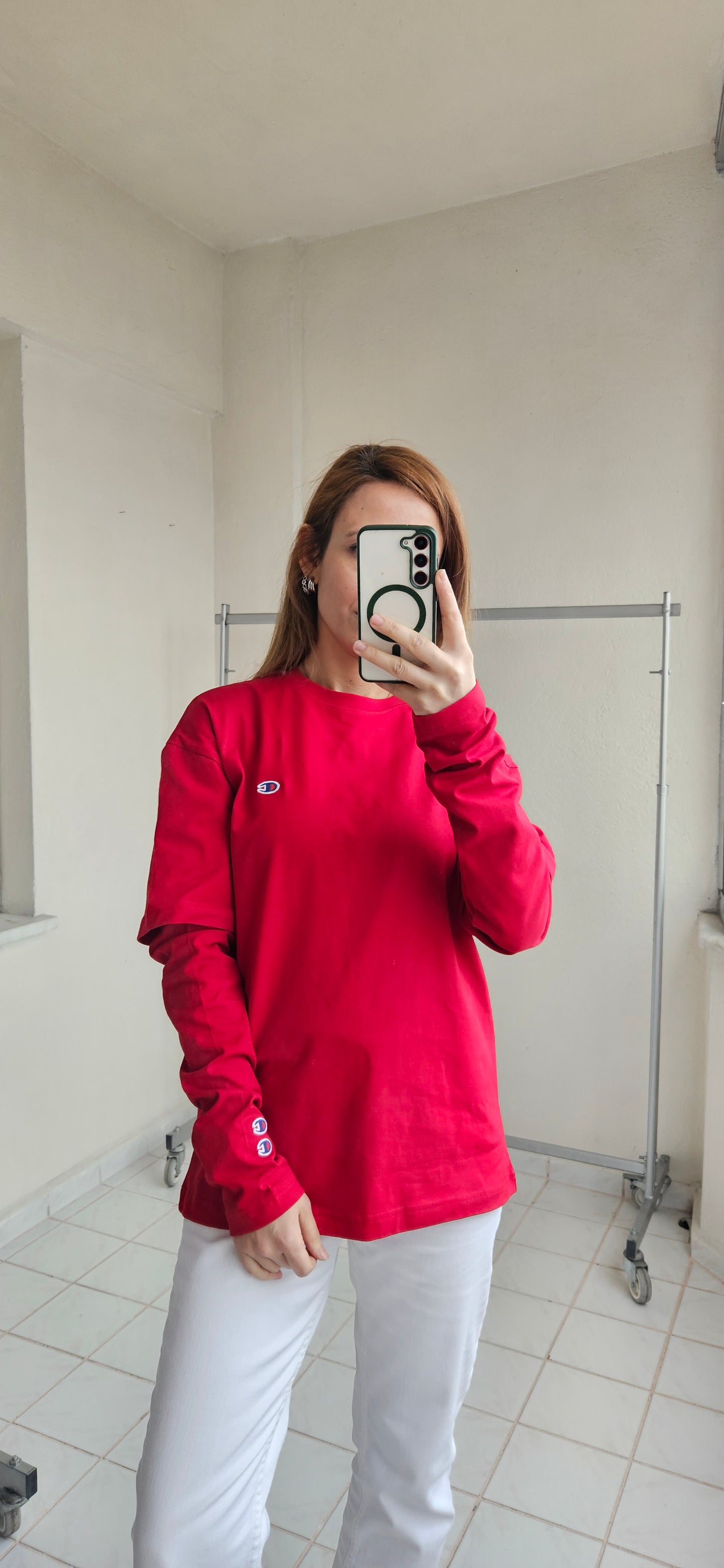 Nakışlı Uzun Kol Kırmızı Penye Sweat