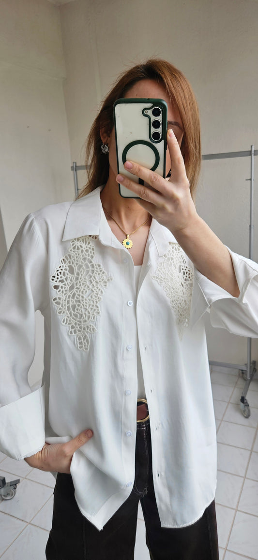 Tensel Kumaş Güpürlü Ekru Gömlek