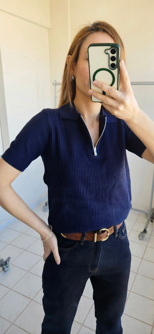 Polo Yaka Fermuarlı Esnek Lacivert Triko