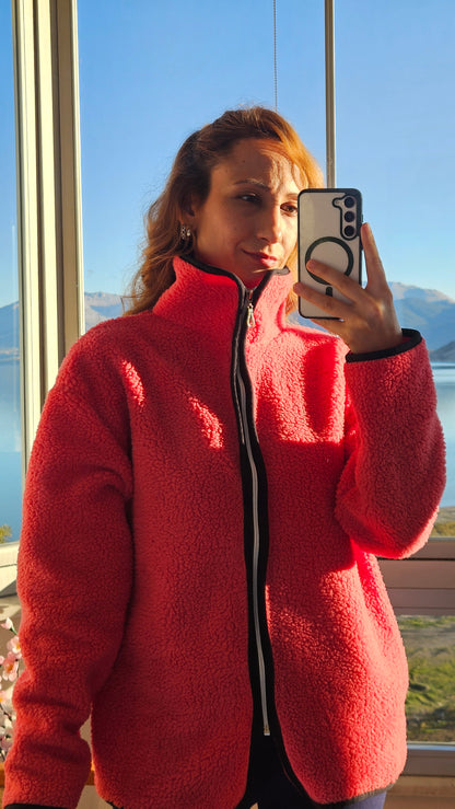 Cepli Siyah Biyeli Polar Fuşya Pembe Ceket